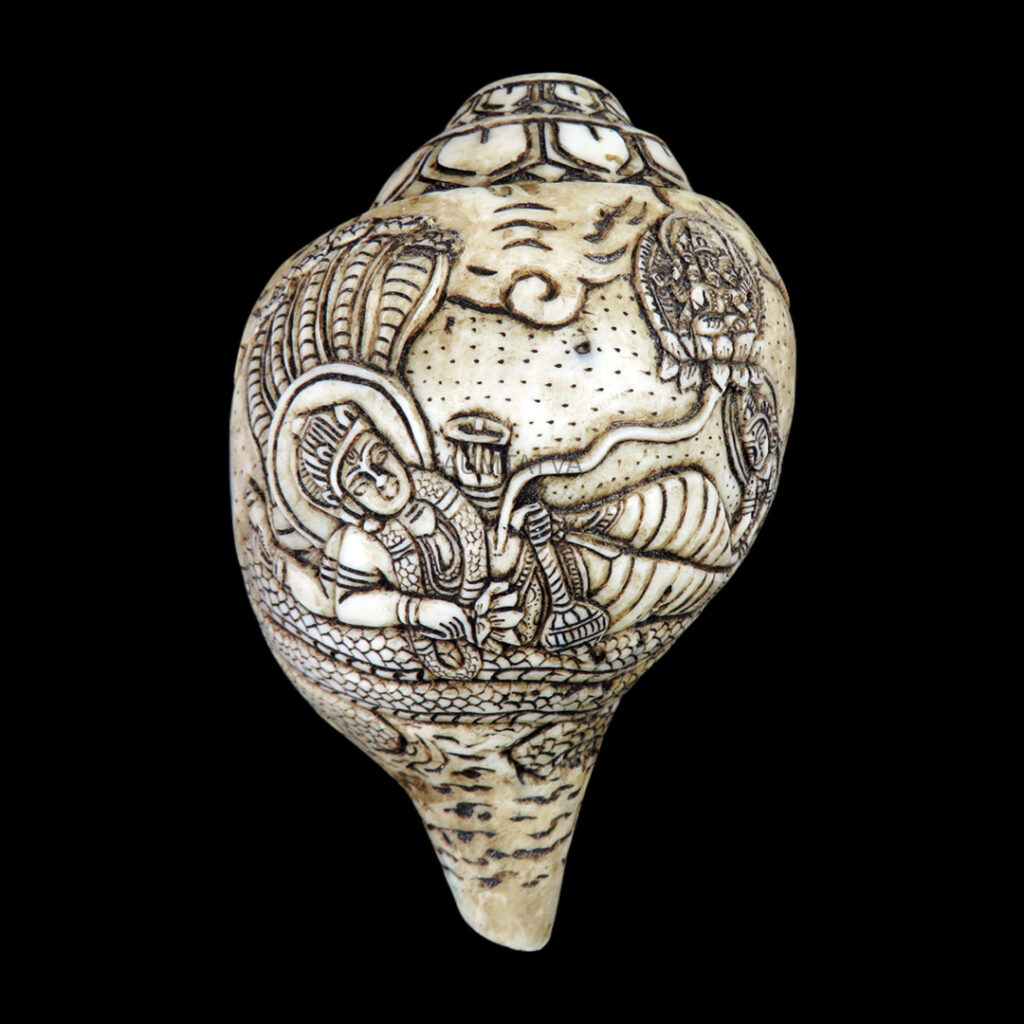 Lord Sleeping Vishnu, Brahma & Laxmi Ji carved in Vamavarti Left hand Shankh