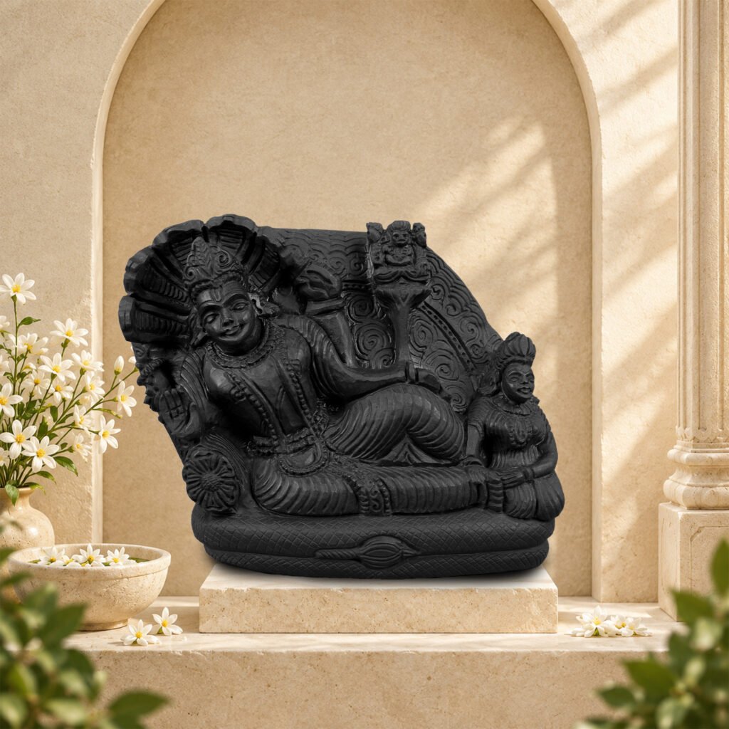 Sleeping Vishnu Laxmi Ji with Brahma Ji on Natural Shaligram Stone (Piece 1)