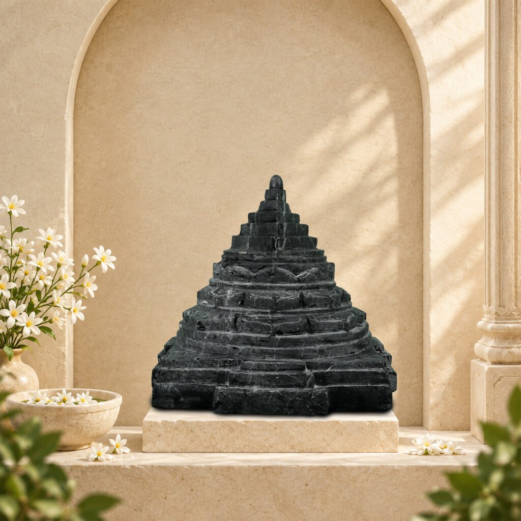 Meru Shri Yantra Carved on Natural Shaligram Stone (Piece 3)